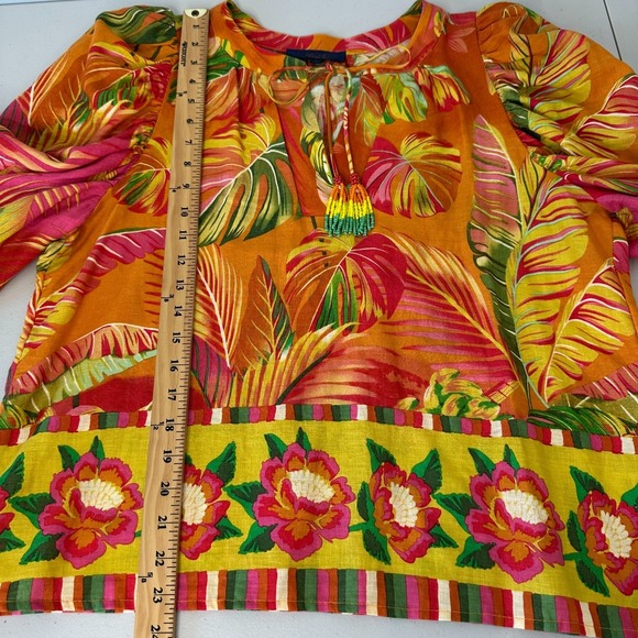 Rachel Roy Linen Blend Top Size M Floral‎ Tropical Colorful Beaded Tassels - Picture 8 of 11